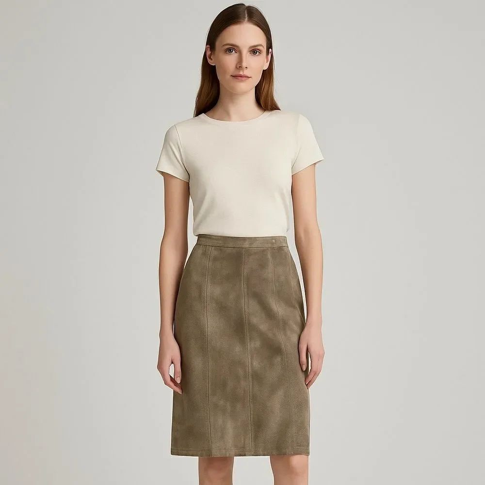 Vintage Leather Suede Knee Length Pencil Midi Skirt